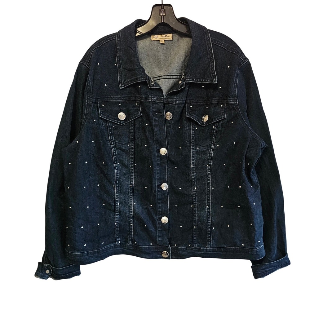 DG2 Diane Gilman Womens XL Dark Wash Rhinestone Studded‎ Denim Trucker Jacket